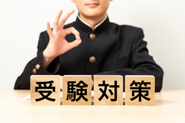 「受験対策」と書かれたブロックとOKサインをする男子学生