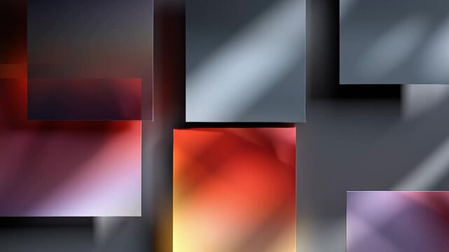Colorful translucent squares are gently moving on a dark background with light rays passing through them, creating a beautiful abstract animation