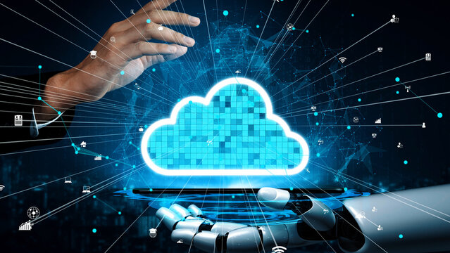 Futuristic image illustrating a robotic hand reaching for a glowing cloud symbol, surrounded by data connection lines, highlighting digital transformation and technology innovation. Xenic - Powered by Adobe