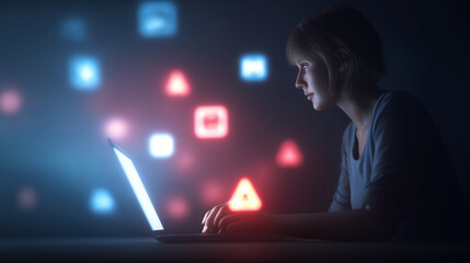 Focused man coding on a laptop with floating digital interface elements in a dark workspace.

