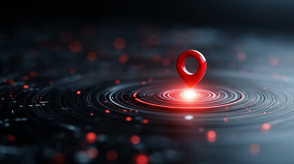 Glowing red location pin hovering over a dark digital surface symbolizing GPS tracking and navigation.
