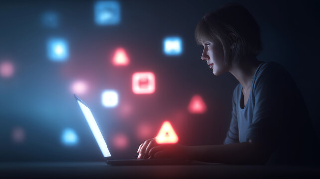 Focused man coding on a laptop with floating digital interface elements in a dark workspace.
- Powered by Adobe