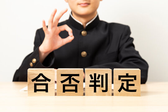 「合否判定」と書かれたブロックとOKサインをする男子学生