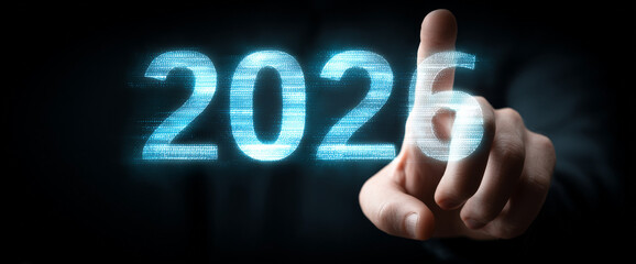 Close up of Person Selecting 2026 on High-Tech Interface for Future Planning