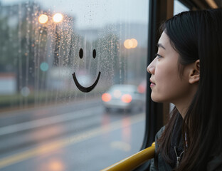 Loneliness in a big city can be overwhelming, as seen through the contemplative gaze of an asian woman looking out of a rain-soaked window, reflecting deep emotions in a bustling urban environment