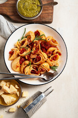 Italian dinner table with assortment of pastas.