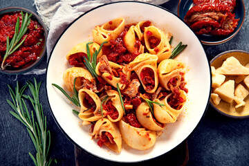 Classic traditional Italian pasta with fresh tomato marinara sauce.