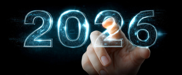 Close up of Person Selecting 2026 on High-Tech Interface for Future Planning