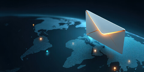 Glowing envelope icon hovers above digital world map, transmitting global email communication and data connections with futuristic blue lights and warm accents