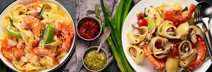 Italian dinner table with assortment of pastas.