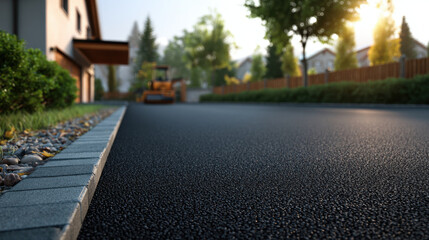 Naklejka premium Smooth freshly paved asphalt driveway leading to suburban house at sunrise with paving equipment and landscaped edging creating calm morning atmosphere