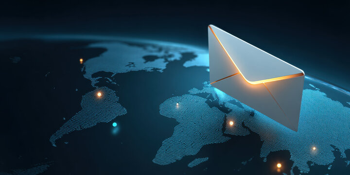 Glowing envelope icon hovers above digital world map, transmitting global email communication and data connections with futuristic blue lights and warm accents