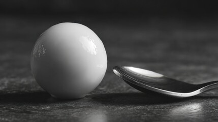 tangyuan. A perfectly round white tangyuan on minimalist black stone surface with polished spoon, designed for luxury food branding and product showcases, targeting gourmet brands and. menu design.
