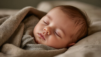 Newborn baby wrapped in soft cozy blanket sleeping peacefully with warm natural light and serene expression
