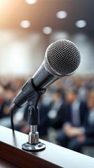 Fototapeta premium Microphone on a podium facing an audience symbolizing public speaking communication and leadership. 