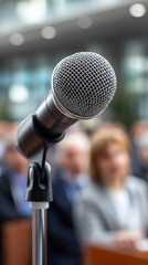 Fototapeta premium Microphone on a podium facing an audience symbolizing public speaking communication and leadership. 