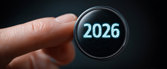 Close up of Person Selecting 2026 on High-Tech Interface for Future Planning