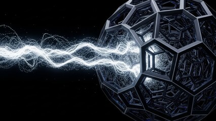 Geometric sphere with intricate hexagonal patterns emitting a dynamic stream of glowing particles, symbolizing advanced data flow, quantum computation, and technological innovation.