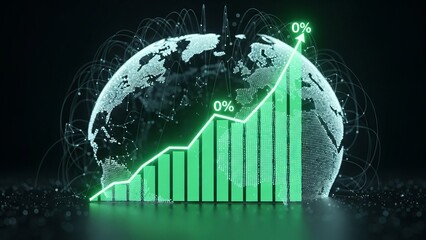 Global financial market growth analysis with an upward trending bar graph and interconnected digital earth network, depicting economic progress and data visualization for future trends.