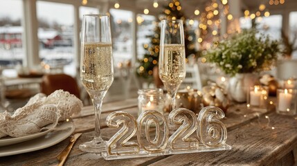 Modern and Aesthetic New Year Eve Celebrations, elegant rustic table with champagne flutes, glass 2026 numerals, candlelight, and soft bokeh glow, capturing cozy winter cheer and graceful indoor