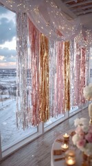 Modern and Aesthetic New Year Eve Celebrations, shimmering pink, gold, and silver fringe streamers framing a snowy winter view, with warm candlelight glow and romantic indoor decor