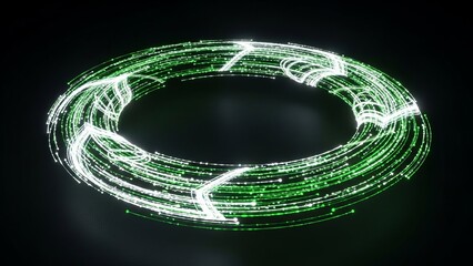 Digital data flow ring with glowing green particles and arrows illustrating an abstract concept of endless movement, technology, and interconnected information transfer