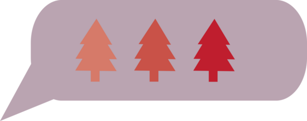 Three stylized evergreen trees in a gradient of red and orange colors inside a light purple speech bubble, representing nature communication.