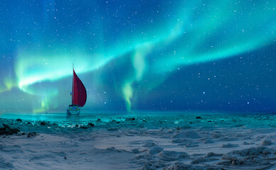 Sailing luxury yacht along the route over dark sea - Northern lights aurora borealis 