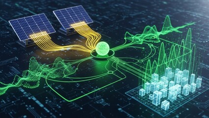 Green energy data visualization from solar panels, smart grid technology, renewable power generation analysis, sustainable future concept, ai.