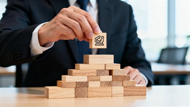 Businessman stacking wooden blocks