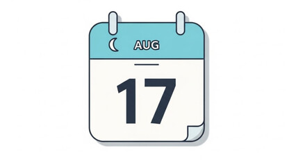 Calendar Icon Displaying August 17th with Crescent Moon, Flat Design Isolated on White