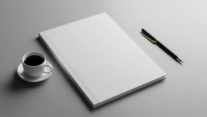 White Notebook with Coffee Cup and Fountain Pen on Gray Surface