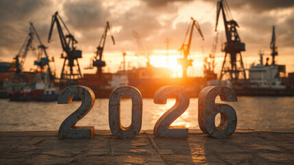 Future Development 2026: Cranes and Industrial Buildings Under Orange Sky