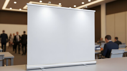 Blank Retractable Banner Stand on Conference Table in Meeting Room