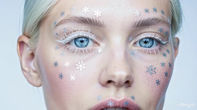 blue eye adorned with snowflake and glitter makeup, accentuated with white eyeliner and mascara, creates festive mood, suggesting winter theme, Christmas celebration., joyful beauty, sparkle
