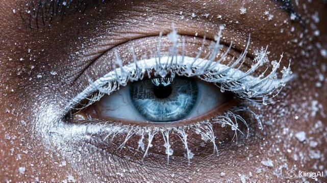 digitally enhanced eye, blue iris surrounded by white snowflake patterns, glows with internal light, evoking wonder., fantasy, surrealism, beauty, enchantment, winter., holiday spirit