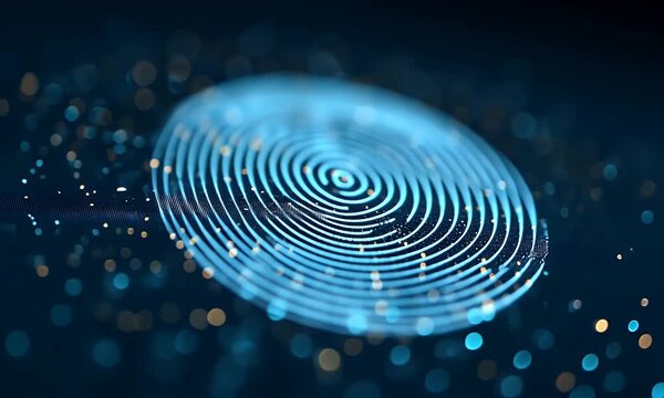 Abstract close up view of a glowing blue digital fingerprint pattern with shimmering golden and blue bokeh lights against a dark background representing technology and identity verification