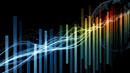 Abstract Data Waves Over City Skyline