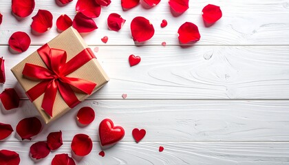 Red rose petals, gift box with red ribbon, heart shapes on white wooden background