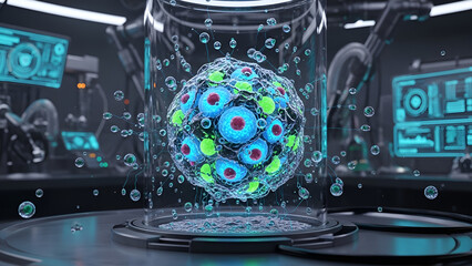 Fototapeta premium Captivating magnified glowing cellular structure in a futuristic biotech laboratory, highlighting advanced scientific research, biological innovation, and microscopic discovery