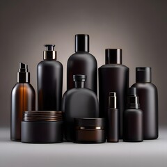 high-end studio product photography of 3 to 5 dark cosmetic containers, serum bottles, pump bottles and cream jars, dark glass (black, deep brown, smoked glass), matte or satin finish, minimalist