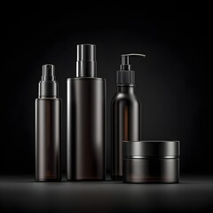 high-end studio product photography of 3 to 5 dark cosmetic containers, serum bottles, pump bottles and cream jars, dark glass (black, deep brown, smoked glass), matte or satin finish, minimalist