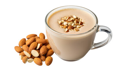 A glass mug of creamy almond milkshake with almonds isolated on transparent background
