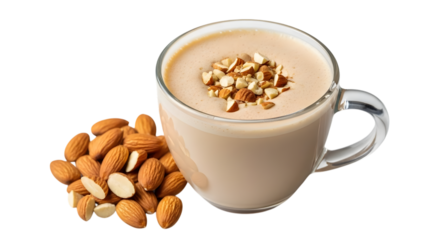 A glass mug of creamy almond milkshake with almonds isolated on transparent background