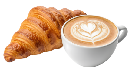 Croissant and coffee cup isolated on transparent background