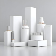 composition of expensive bottles and boxes. white cosmetic boxes lie and stand beautifully compositionally. bottles of cream, lip gloss, lipstick, doypack. white packages. texture of plastic