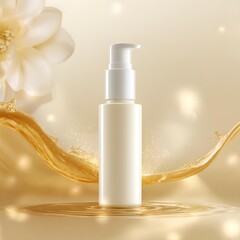 Vertical shot, medium close-up. Pure white rectangular pump bottle with a white pump head. The bottle stands on a soft ivory white and champagne-coloured gradient background. Half of the background