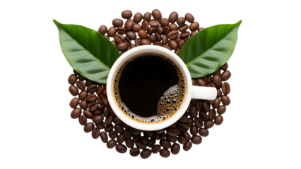 A cup of coffee on a pile of coffee beans isolated on transparent background