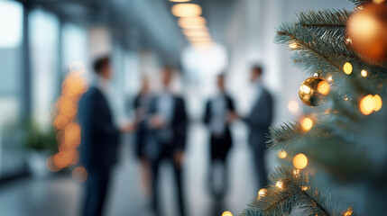 Christmas tree decoration in foreground with blurred corporate gathering in background.
