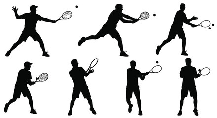 Dynamic Tennis Player Silhouettes Set in Various Action Poses, Isolated Vector Collection for Sport and Fitness Design